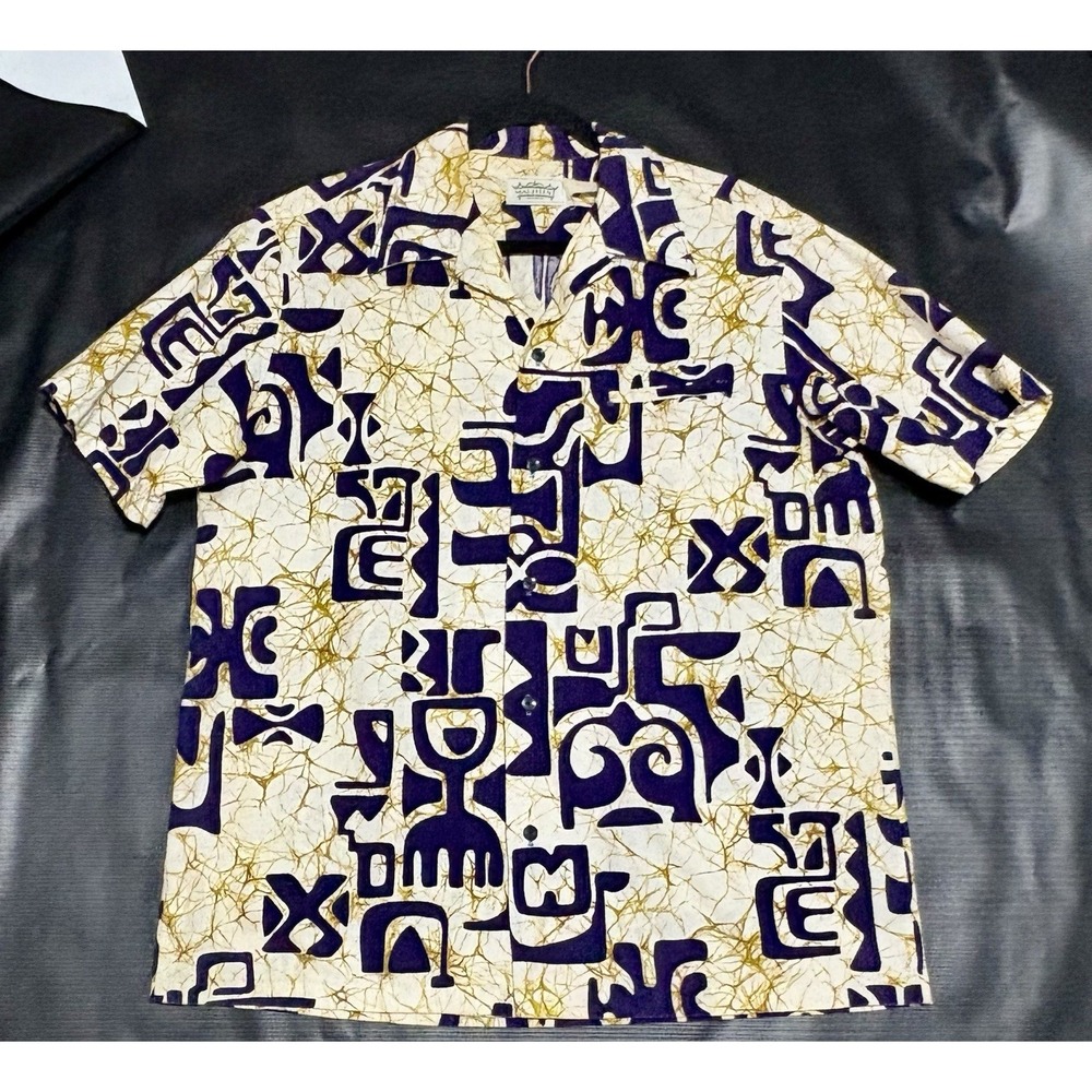 Vintage 60s 70s Malihini Hawaiian Shirt Yellow Purple Tiki Rockabilly Aloha Sz L